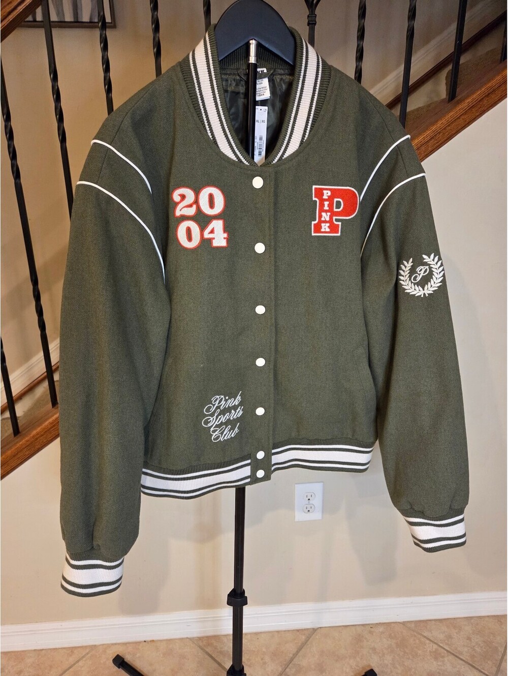 Pink Victoria's Secret Olive Green Varsity Jacket XL